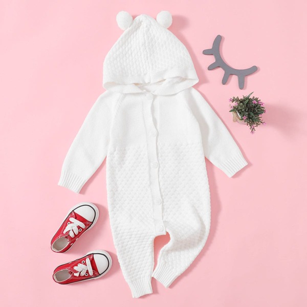 

Baby Unisex 3D Ears Design Hooded Knit Jumpsuit, White