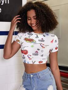 Letter & Cartoon Graphic Tie Back Tee - White - View 3