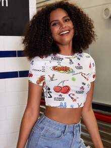 Letter & Cartoon Graphic Tie Back Tee - White - View 4