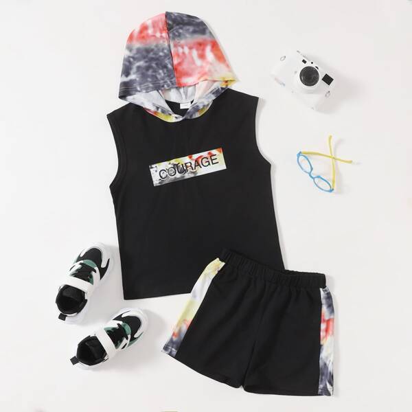 

Boys Letter Graphic Hooded Tank Top & Track Shorts, Black