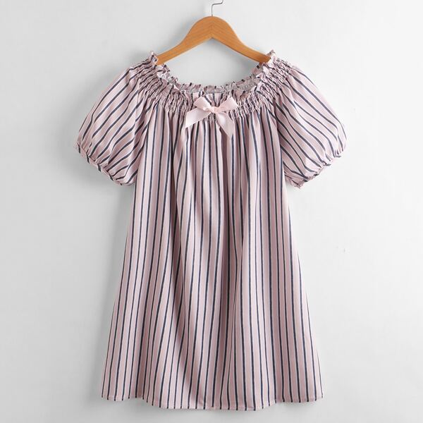 

Girls Striped Bow Front Tunic Dress, Dusty pink