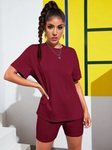 SHEIN EZwear 落肩素色T恤和機車短褲套裝 - 酒紅色 - 查看 1