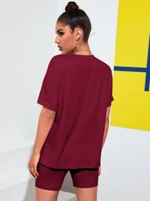 SHEIN EZwear 落肩素色T恤和機車短褲套裝 - 酒紅色 - 查看 2