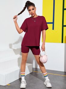 SHEIN EZwear 落肩素色T恤和機車短褲套裝 - 酒紅色 - 查看 3