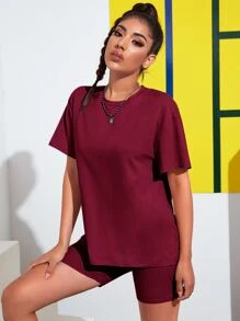 SHEIN EZwear 落肩素色T恤和機車短褲套裝 - 酒紅色 - 查看 5