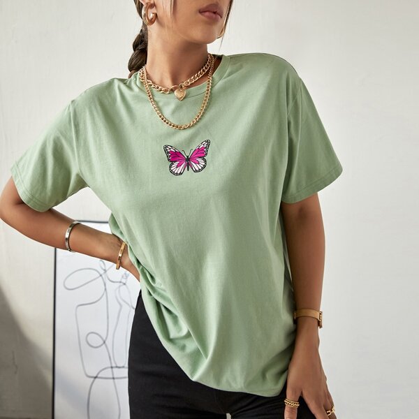 

Butterfly Print Crew Neck Tee, Mint green