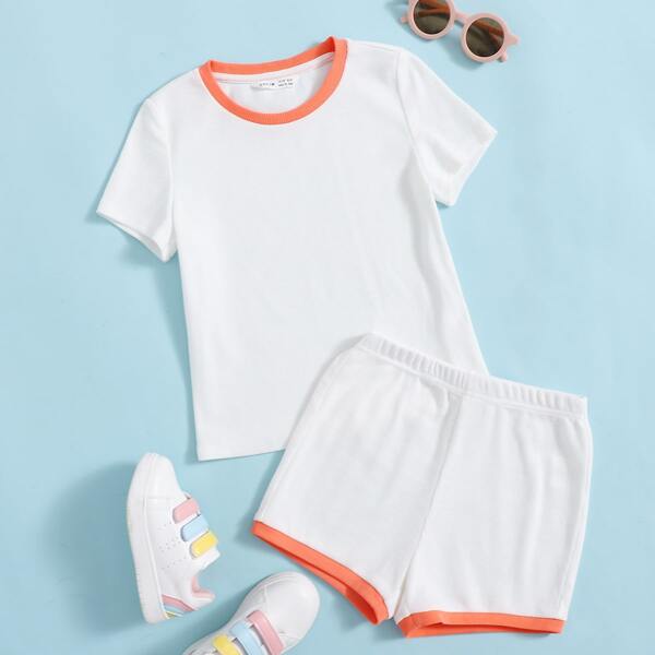 

Girls Contrast Binding Tee and Track Shorts Set, White