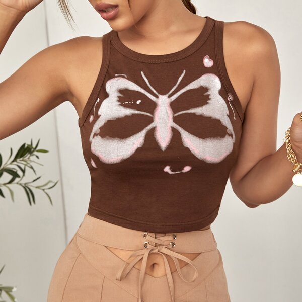 

Butterfly Print Tank Top, Coffee brown