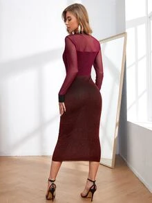 Vestido ajustado panel con malla de cuello cuadrado brillante - Granate - Ver 2
