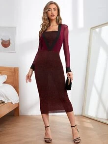 Vestido ajustado panel con malla de cuello cuadrado brillante - Granate - Ver 4