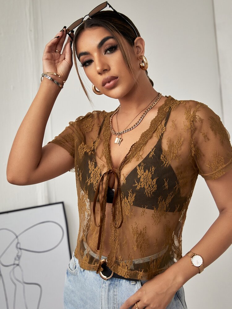 Sheer Lace Tie Front Top Without Bra - Brown - View 4