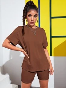 SHEIN EZwear 落肩素色T恤和機車短褲套裝 - 咖啡棕 - 查看 1