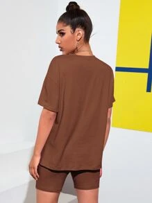 SHEIN EZwear 落肩素色T恤和機車短褲套裝 - 咖啡棕 - 查看 2