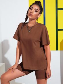 SHEIN EZwear 落肩素色T恤和機車短褲套裝 - 咖啡棕 - 查看 5