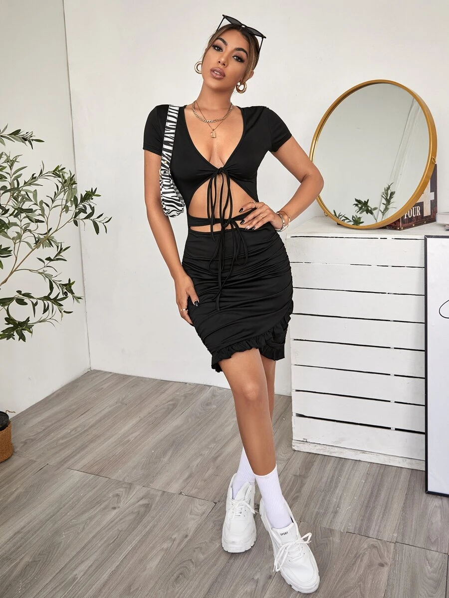 Cut Out Tie Front Bodycon Dress - Black - View 1