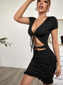 Cut Out Tie Front Bodycon Dress - Black - View 4