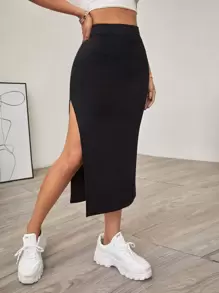 Solid Side Split Skirt - Black - View 1
