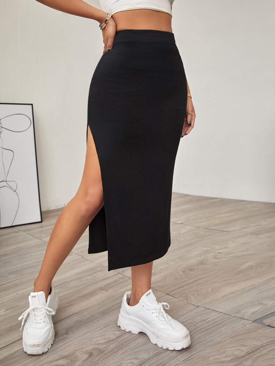 Solid Side Split Skirt - Black - View 1