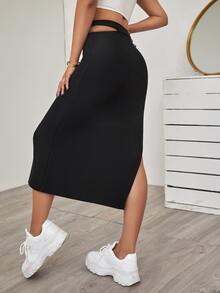 Solid Side Split Skirt - Black - View 2