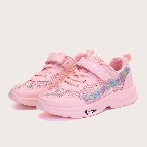

Girls Letter Graphic Velcro Strap Mesh Sneakers, Baby pink