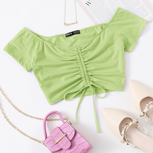

Drawstring Ruched Front Crop Top, Lime green