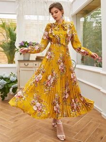 Mulvari Tie Neck Allover Floral A-line Dress - Mustard Yellow - View 1