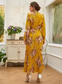 Mulvari Tie Neck Allover Floral A-line Dress - Mustard Yellow - View 2