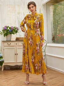 Mulvari Tie Neck Allover Floral A-line Dress - Mustard Yellow - View 3