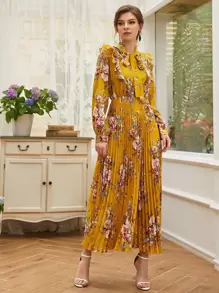 Mulvari Tie Neck Allover Floral A-line Dress - Mustard Yellow - View 4