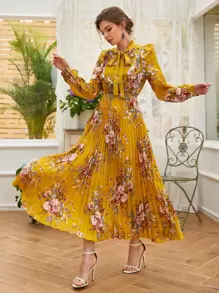 Mulvari Tie Neck Allover Floral A-line Dress - Mustard Yellow - View 5