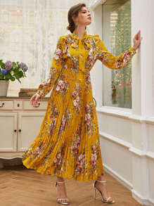 Mulvari Tie Neck Allover Floral A-line Dress - Mustard Yellow - View 6