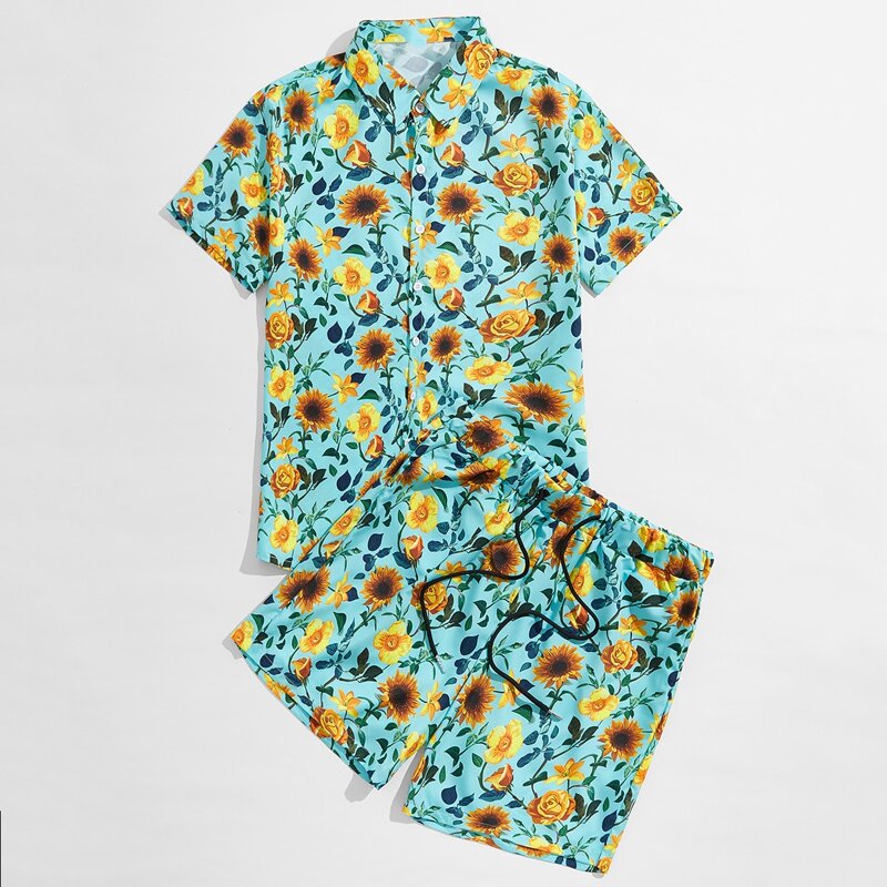 

Guys Floral Print Button Front Shirt & Drawstring Shorts, Mint blue