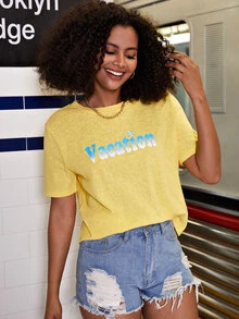 Camiseta Con Estampado De Letras - Amarillo - Ver 5