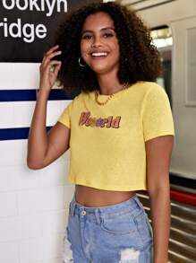 Camiseta con estampado floral con letra - Amarillo - Ver 3