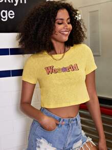 Camiseta con estampado floral con letra - Amarillo - Ver 4