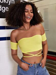 Top Corto Fuera De Hombro Con Amarre En La Espalda - Amarillo - Ver 1