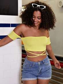 Top Corto Fuera De Hombro Con Amarre En La Espalda - Amarillo - Ver 4