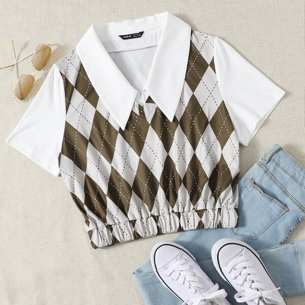 

Argyle Print Contrast Collar Tee, Multicolor