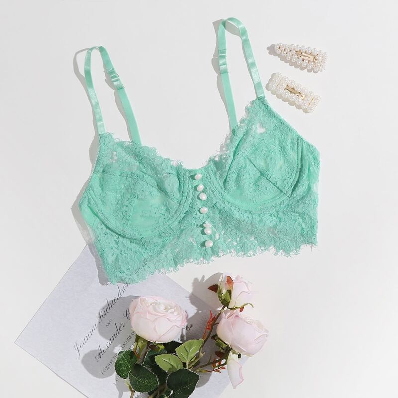 

Floral Lace Button Front Push Up Bra, Mint green