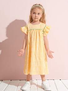 SHEIN 小女童蝴蝶袖荷葉邊格紋連衣裙 - 黃色 - 查看 1