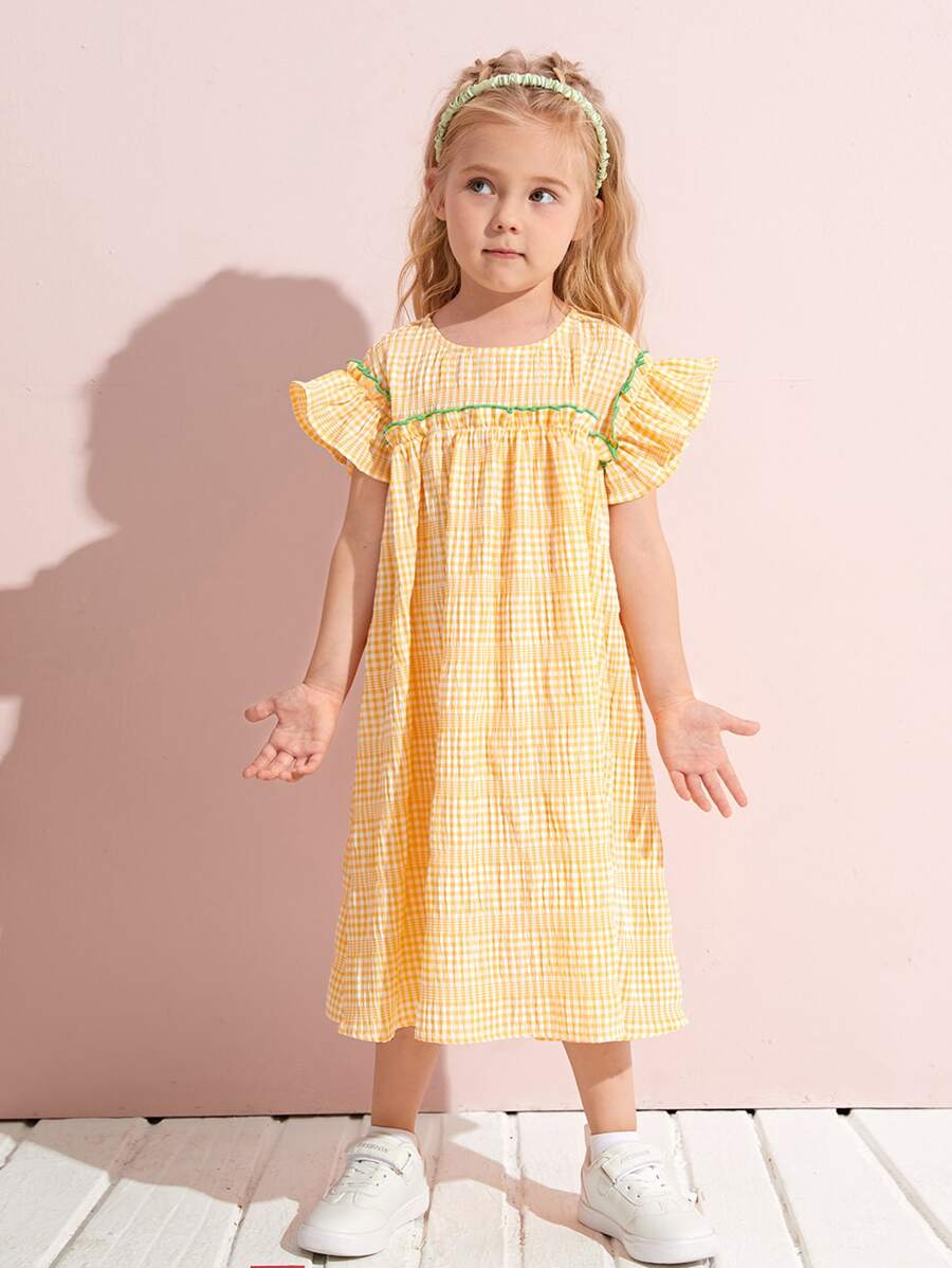 SHEIN 小女童蝴蝶袖荷葉邊格紋連衣裙 - 黃色 - 查看 1