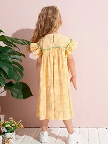 SHEIN 小女童蝴蝶袖荷葉邊格紋連衣裙 - 黃色 - 查看 2