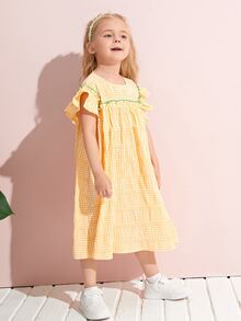 SHEIN 小女童蝴蝶袖荷葉邊格紋連衣裙 - 黃色 - 查看 4