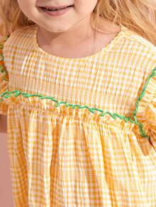 SHEIN 小女童蝴蝶袖荷葉邊格紋連衣裙 - 黃色 - 查看 5