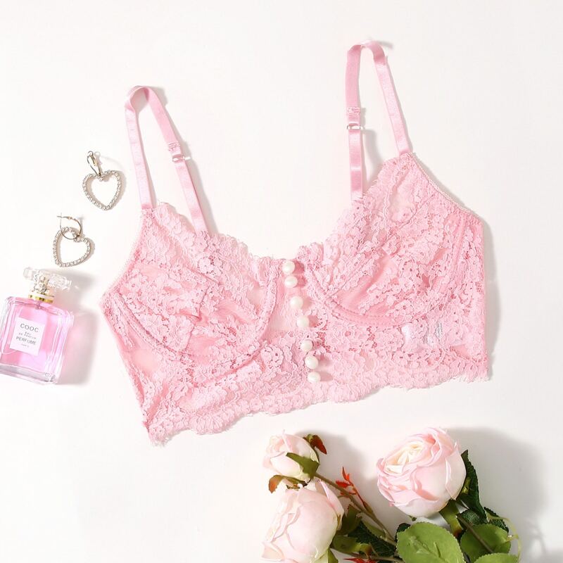 

Floral Lace Button Front Push Up Bra, Baby pink