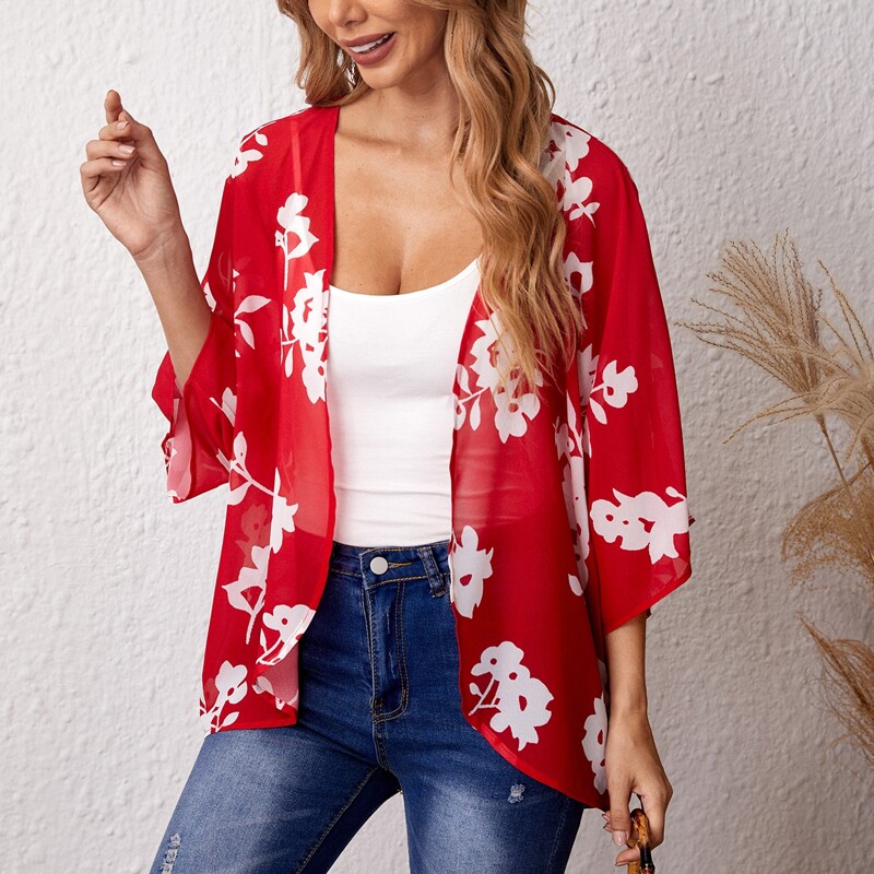 

Floral Print Open Front Kimono, Red