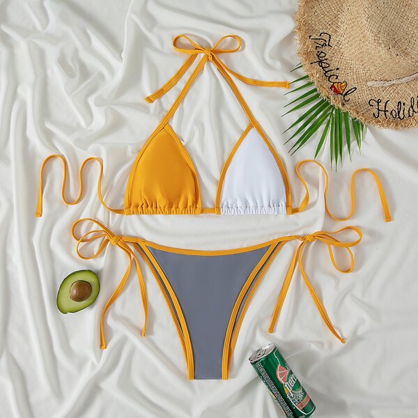 

Color Block Triangle Tie Side Bikini Swimsuit, Multicolor