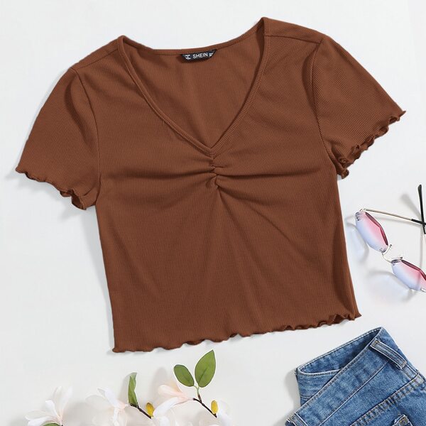 

V-neck Lettuce Trim Rib-knit Tee, Rust brown