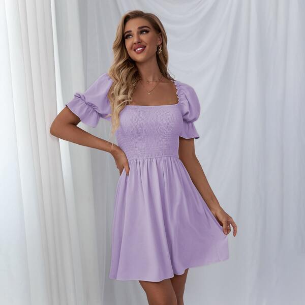 

Shirred Bodice Solid Dress, Lilac purple