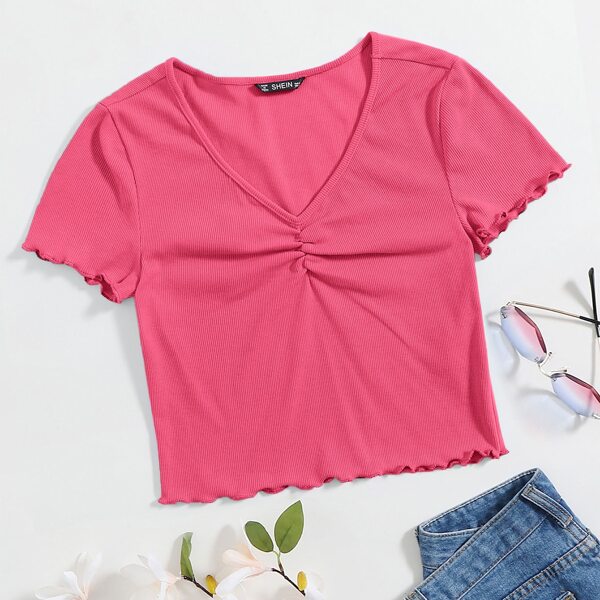 

V-neck Lettuce Trim Rib-knit Tee, Hot pink